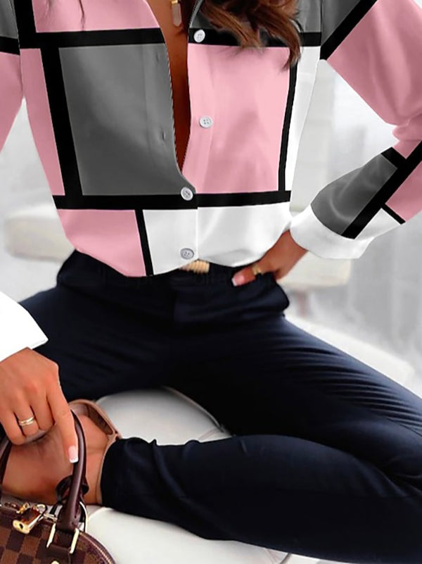 Pink Plaid Contrast Lapel Blouse
