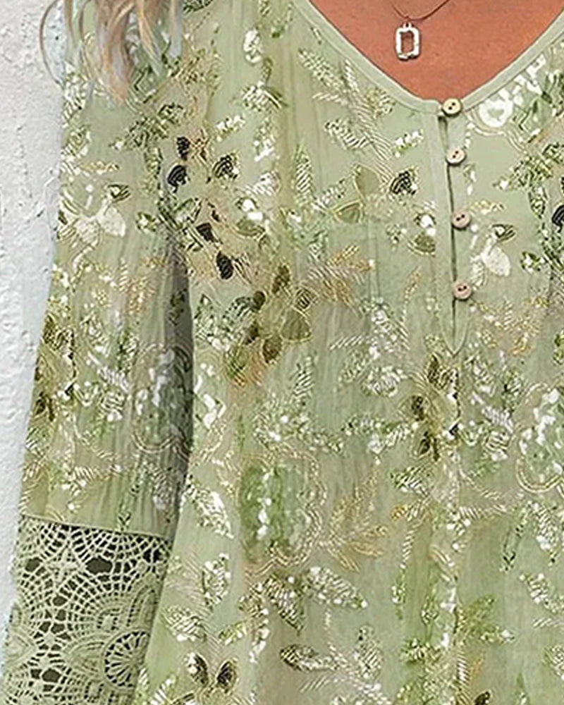 Green floral lace patchwork 3/4 sleeve button blouse, side view
