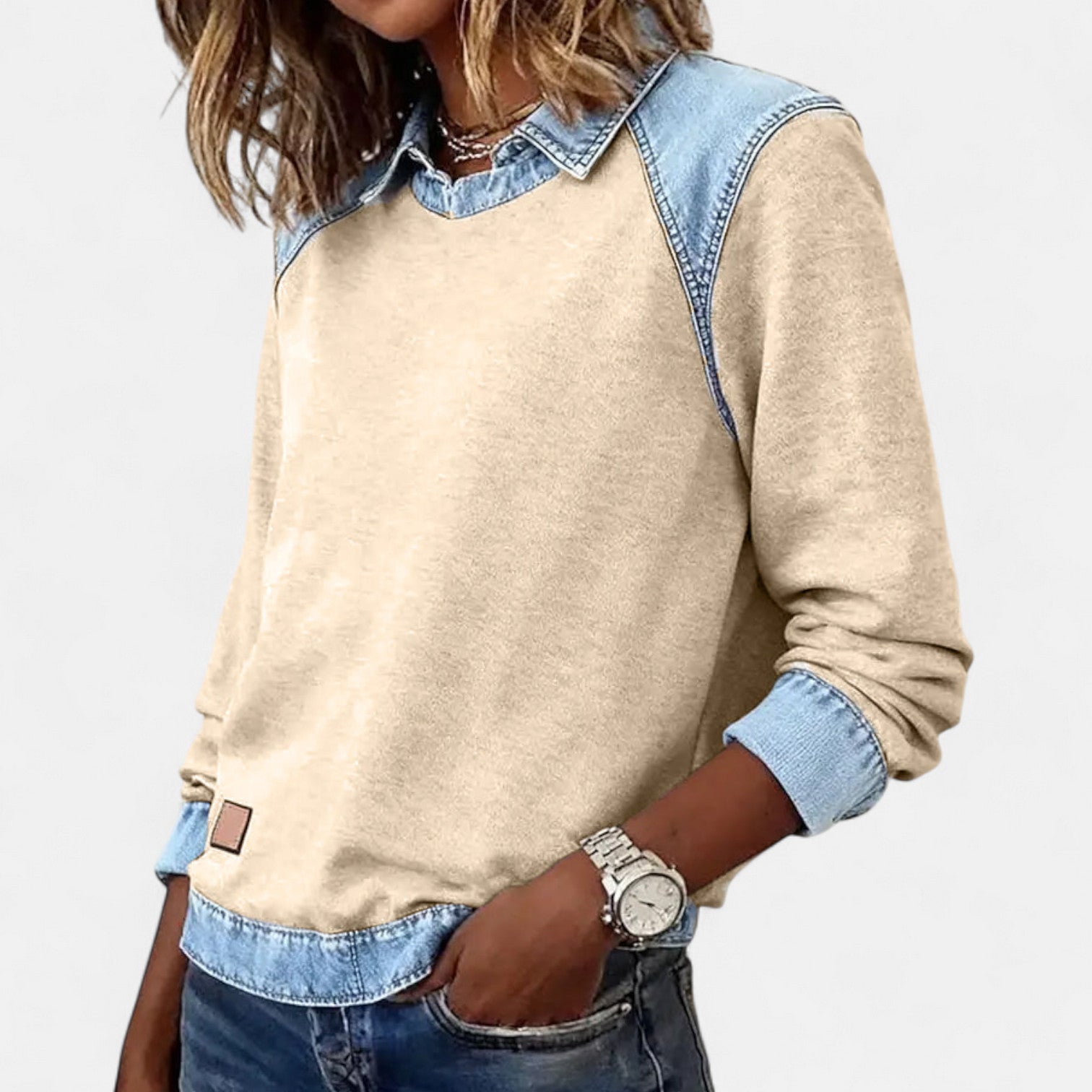Beige denim-collar long-sleeve knit sweater with contrast denim collar and cuffs
