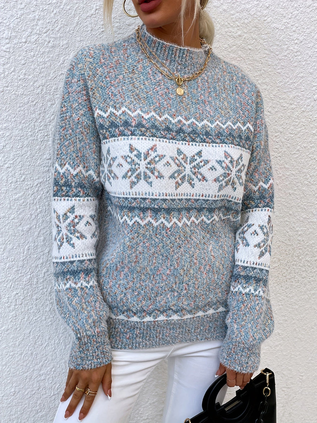 Gray cozy snowflake mock-neck sweater