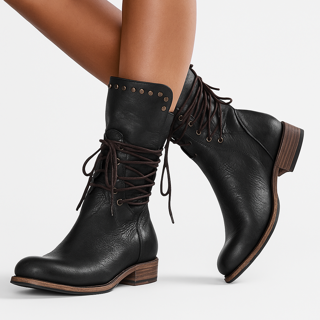 Black lace-up mid-calf studded Boots