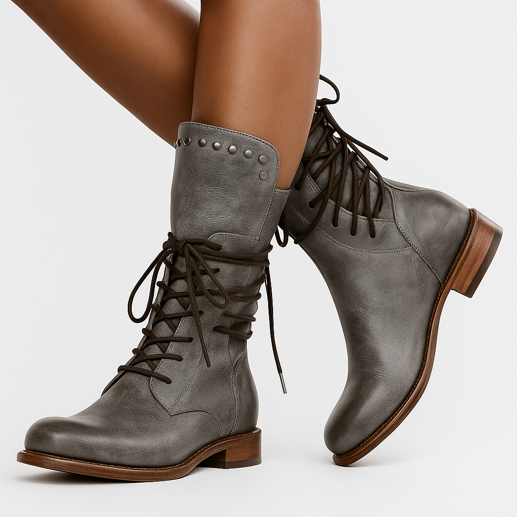 Gray lace-up mid-calf studded Boots