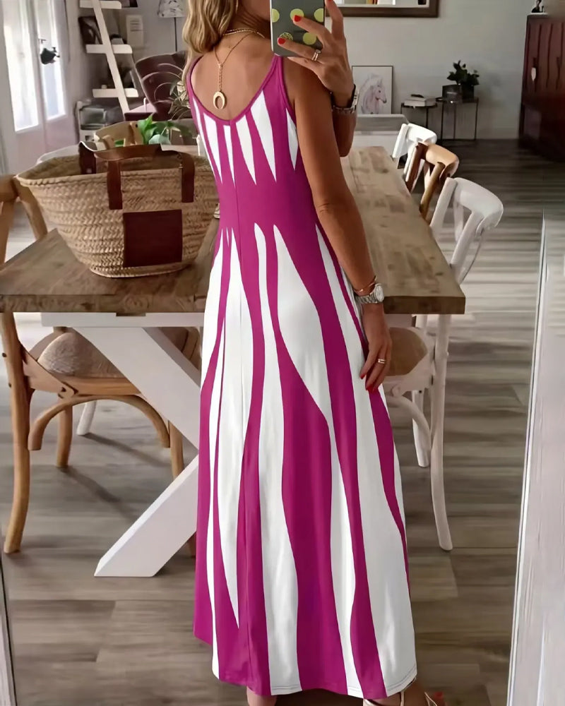 Blue striped patchwork sleeveless maxi dress, back view