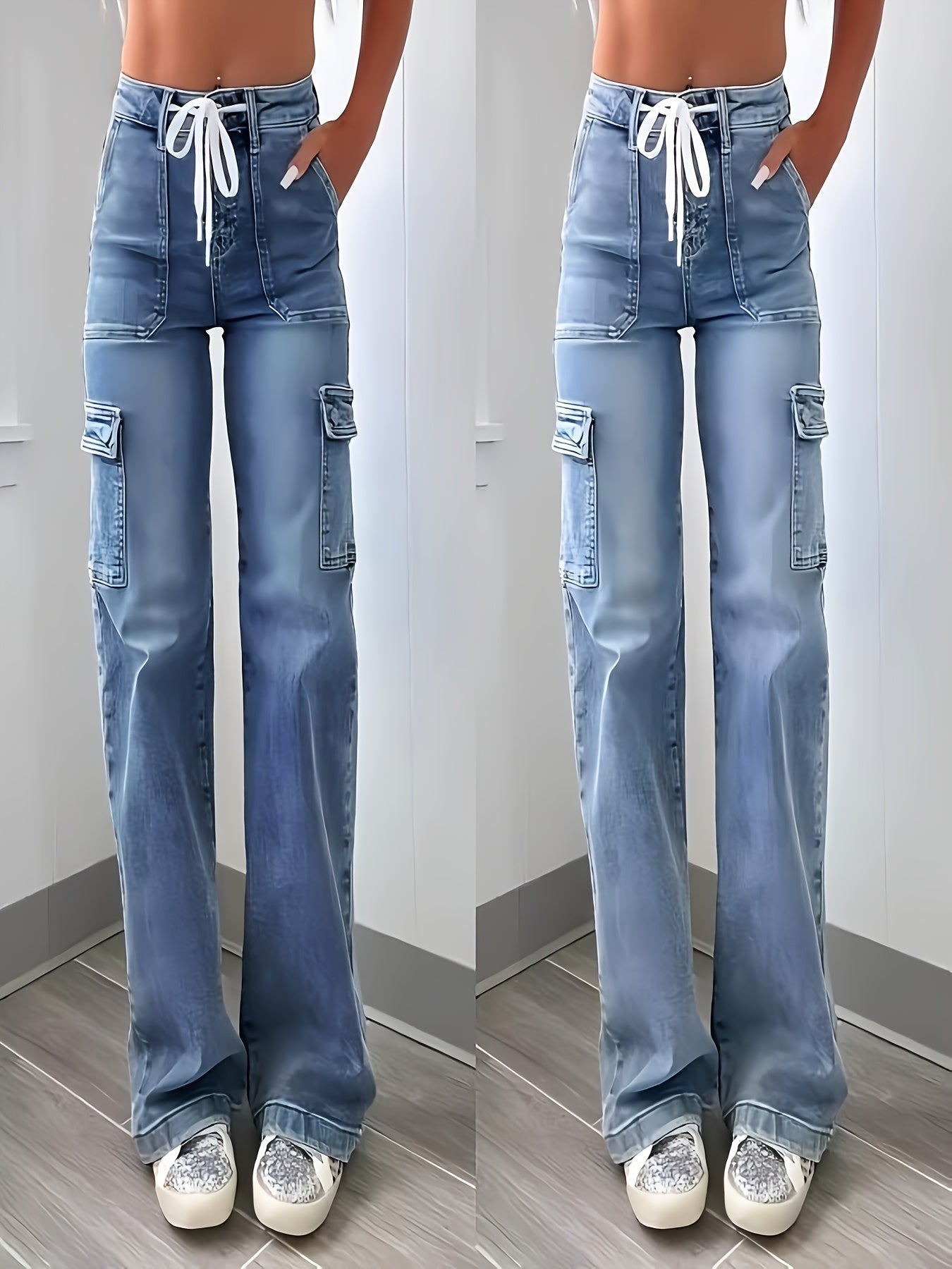 High-Waist Drawstring Cargo Jeans