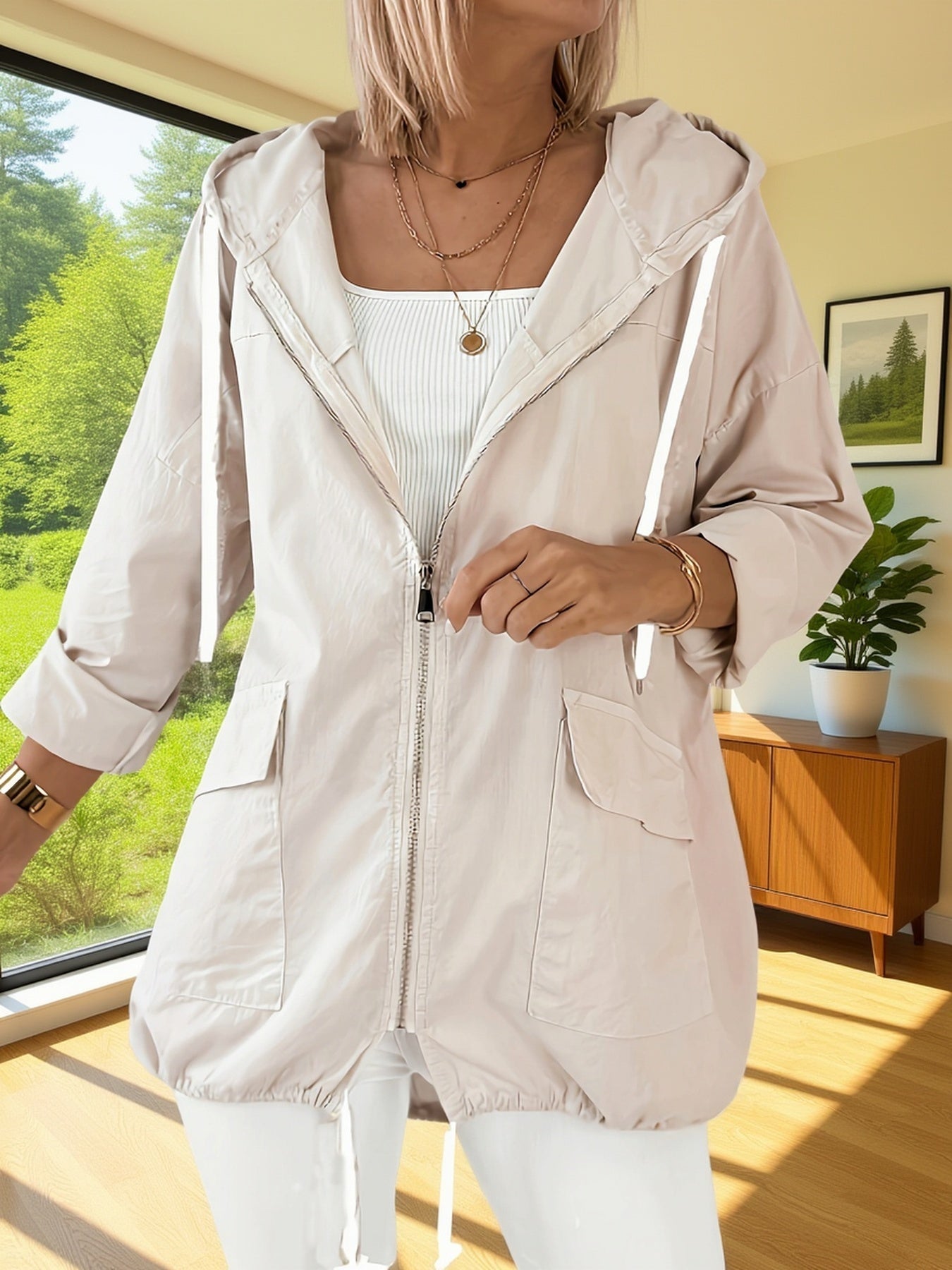 Beige Hooded Jacket, front view