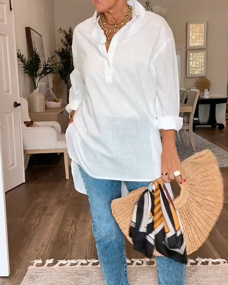 White long sleeve solid blouse, side view