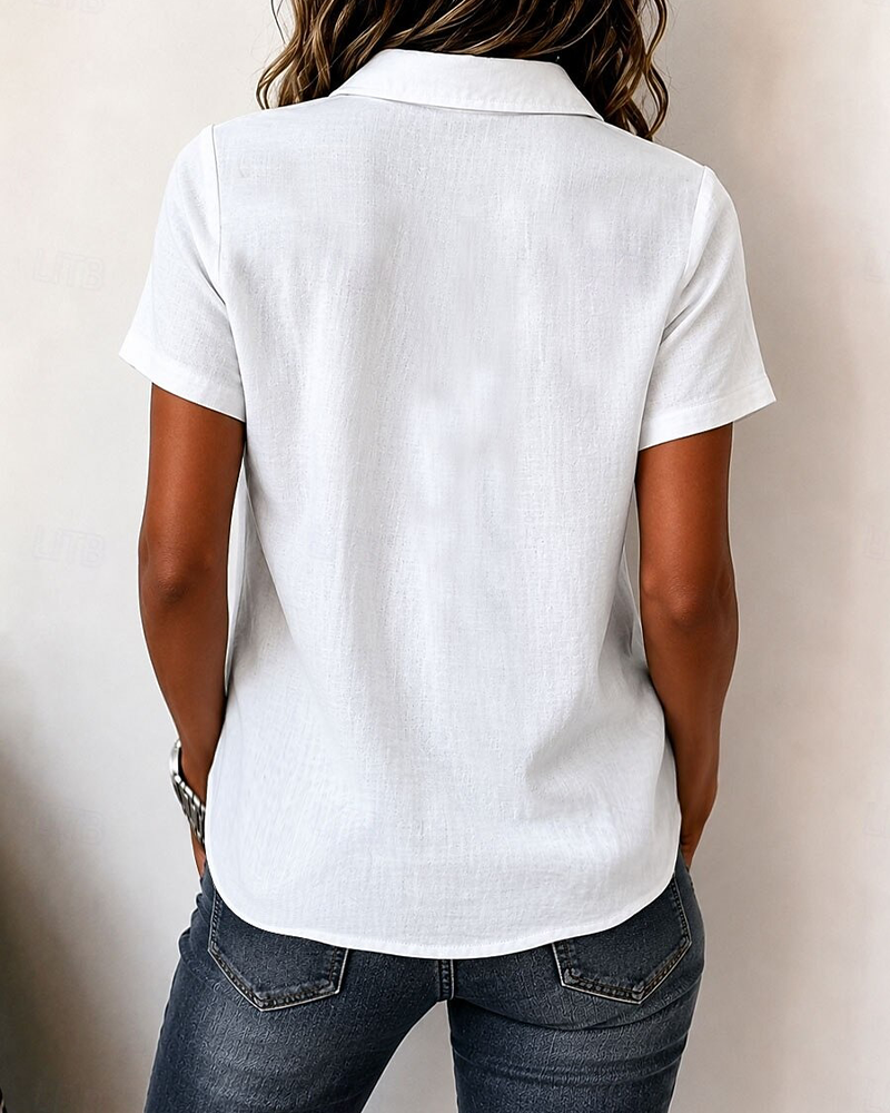 White lapel collar button blouse, back view