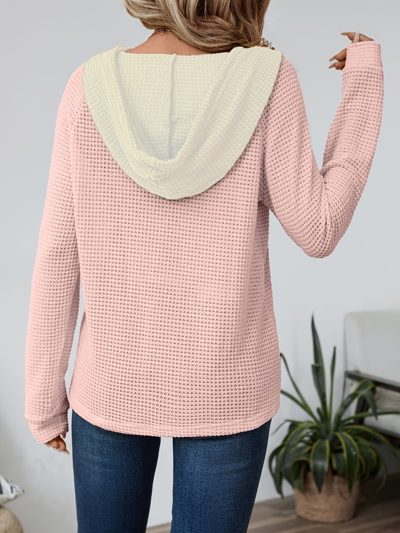 Beige relaxed waffle-texture hooded top