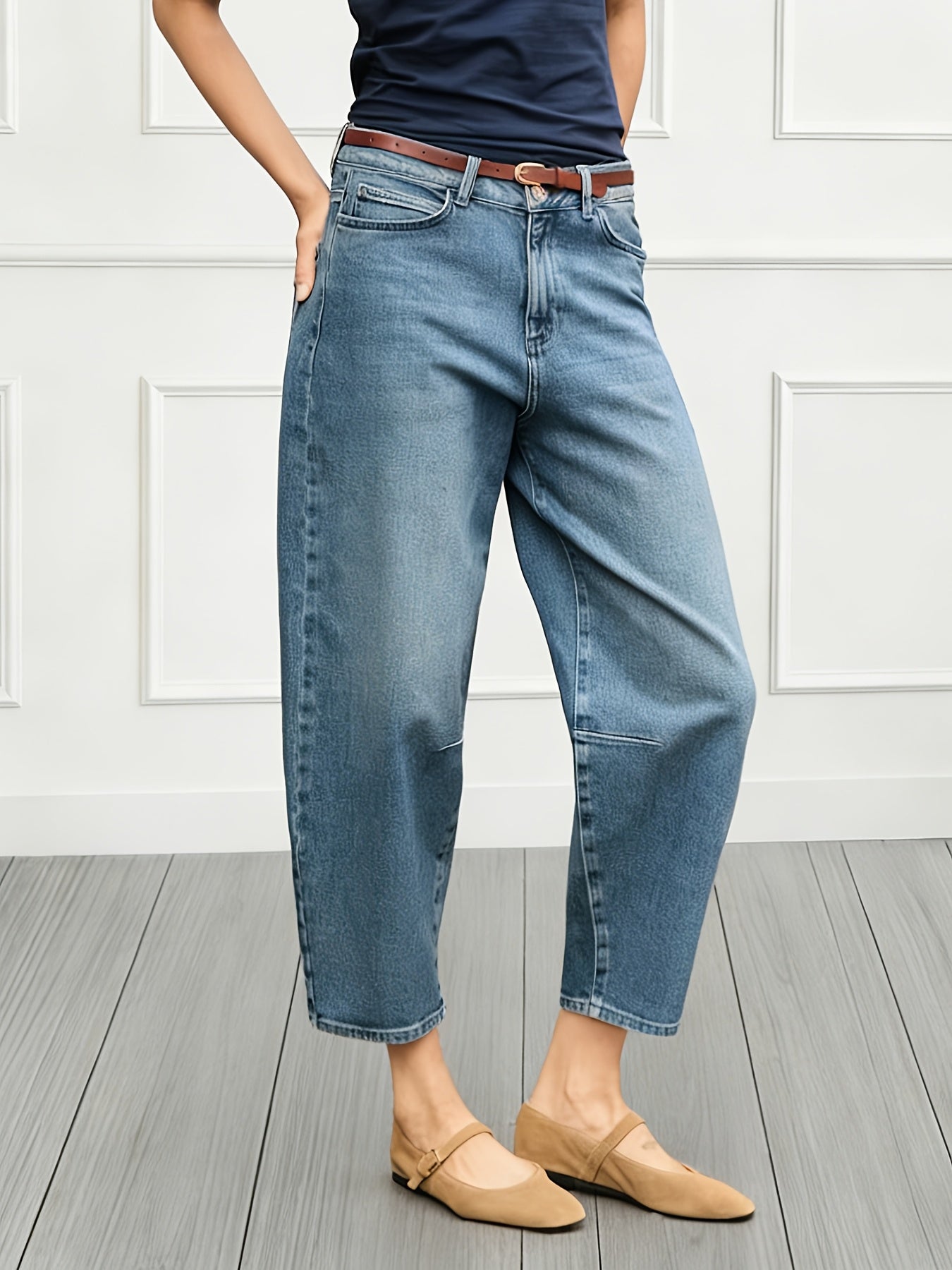 Blue Relaxed Barrel Jeans, front view