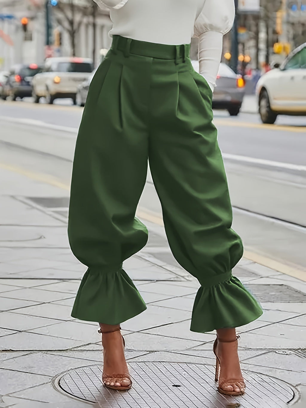 Burgundy ruffled-hem wide-leg Pants