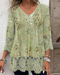 Green floral lace patchwork V-neck blouse, front view