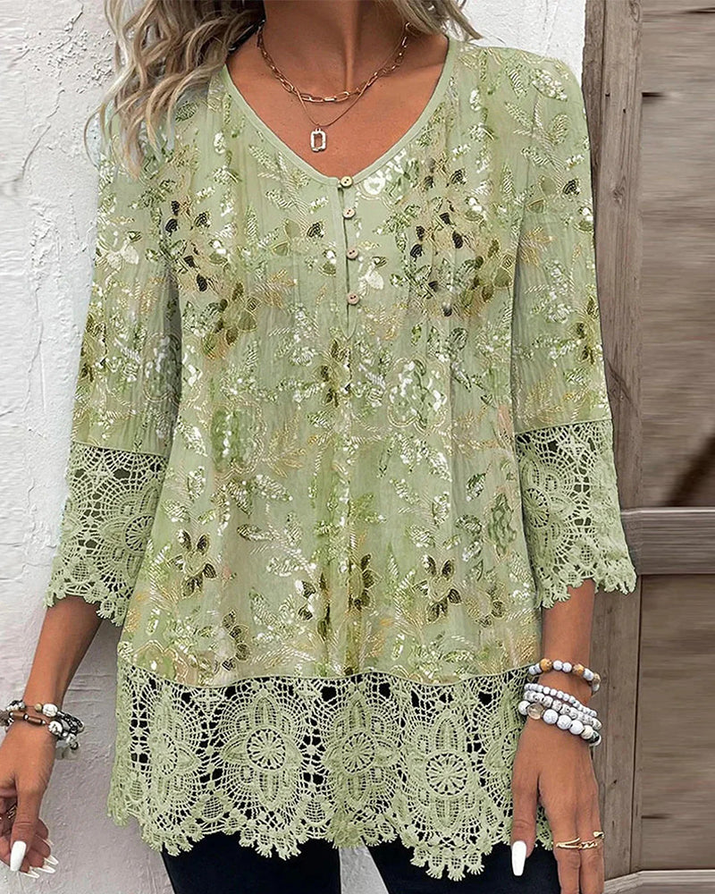 Green floral lace patchwork V-neck blouse, front view