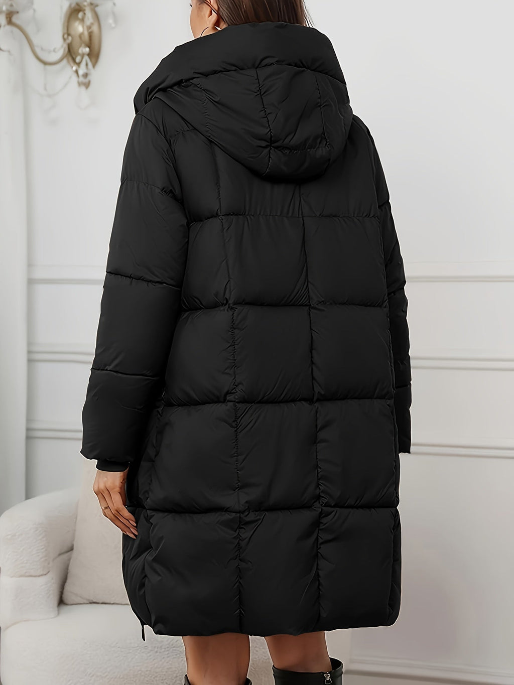 Reddish Brown Hooded Longline Puffer Coat, detail view