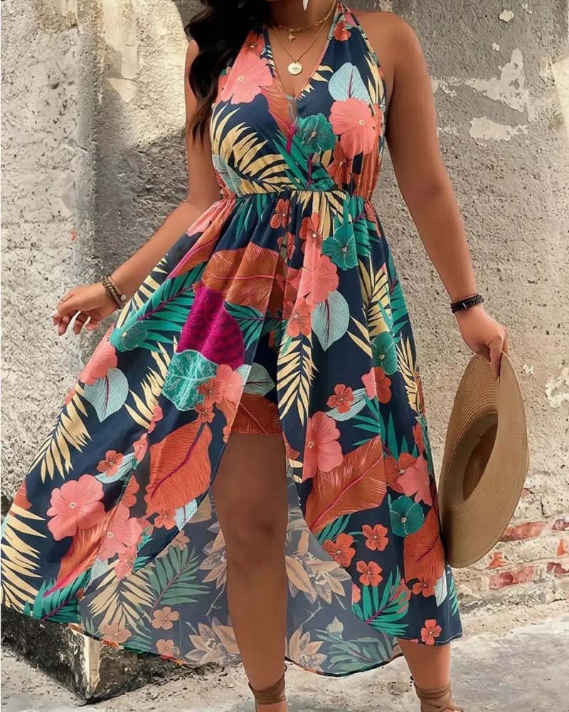 Printed Halter Neck Sleeveless A-Line Mini Dress and Shorts Set