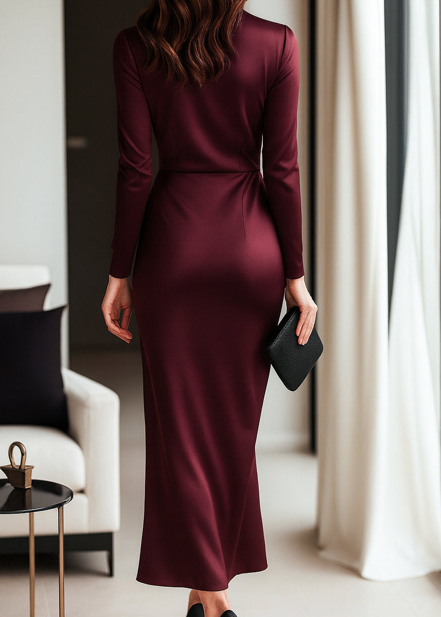 Long Sleeve Satin Wrap Dress Waist Tie