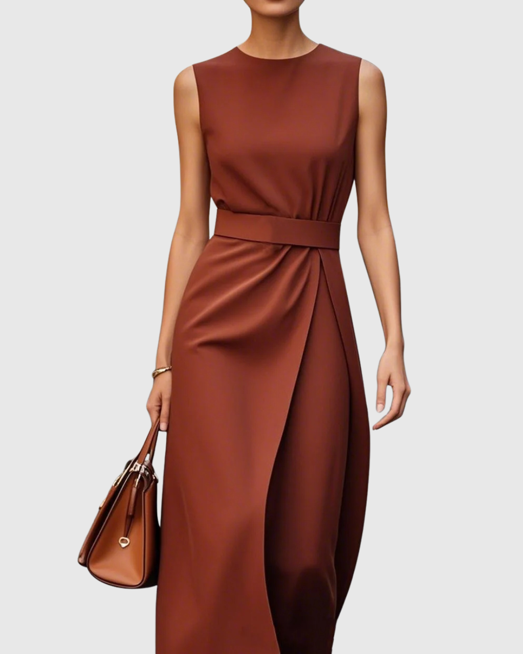 Dark Brown Round Neck Sleeveless Draped Midi Dress, front view