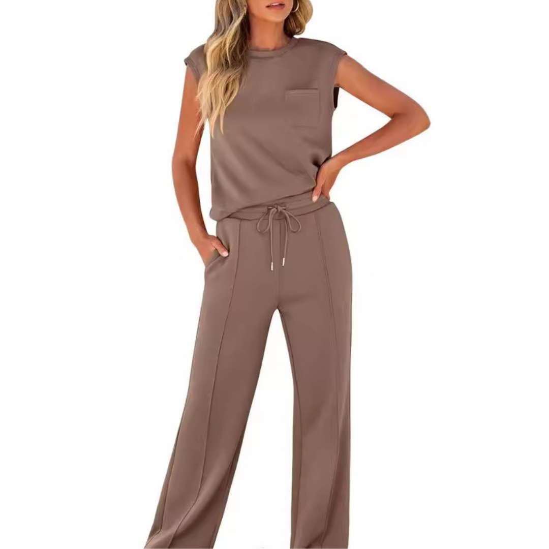 Brown sleeveless round-neck top and trousers co-ord set