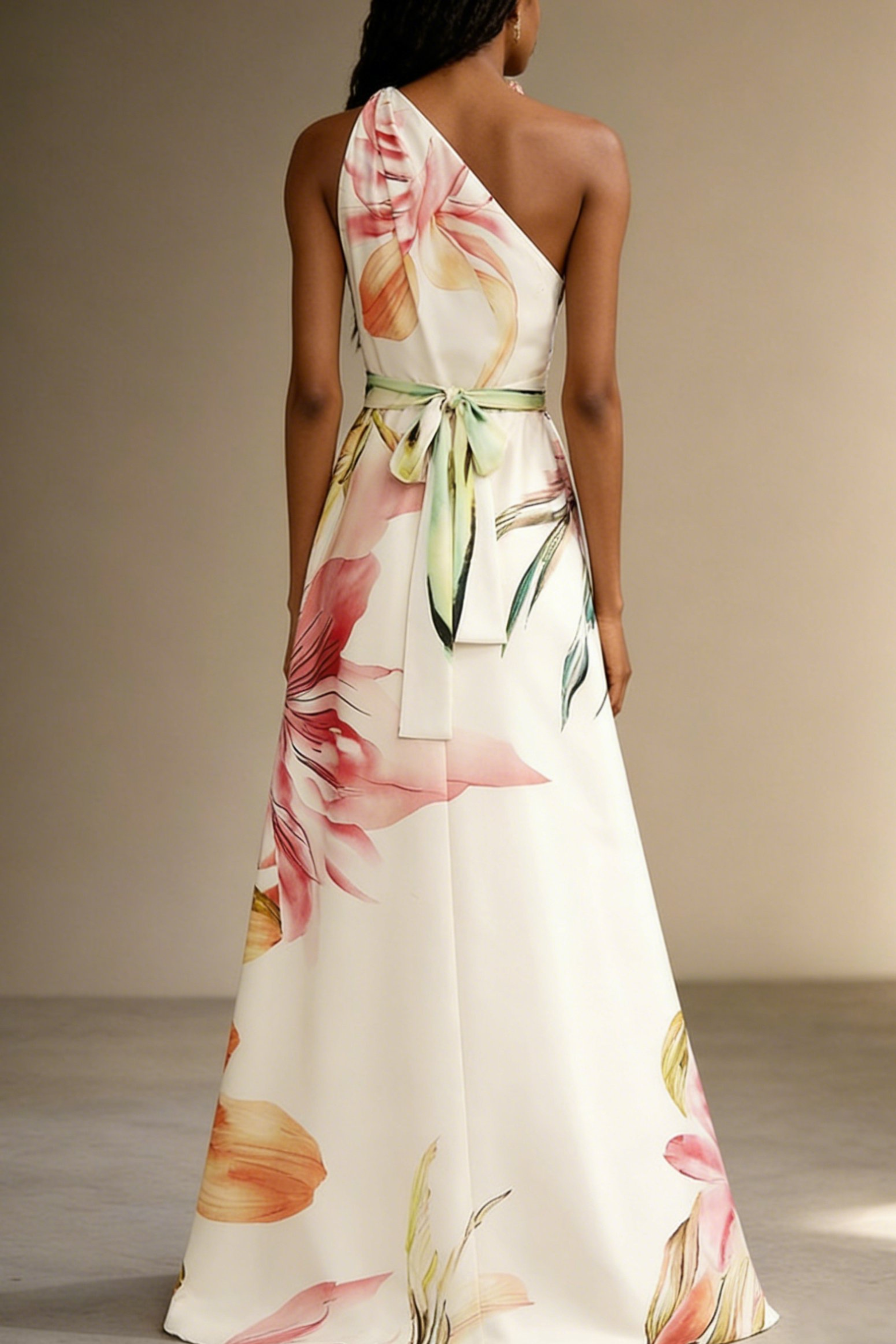 Floral Satin One-Shoulder Wedding Guest Maxi Dress