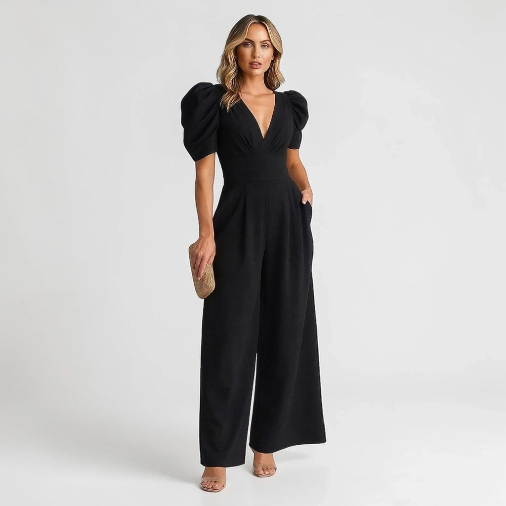 Black wide leg puff sleeve tailored jumpsuit summer - Senselle