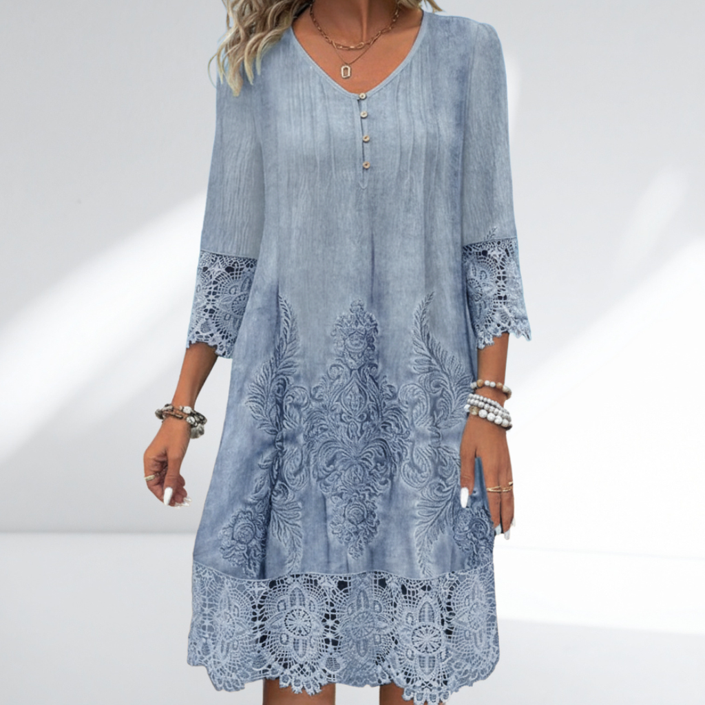 Lace Trim Embroidered Boho Dress Three Quarter Sleeve