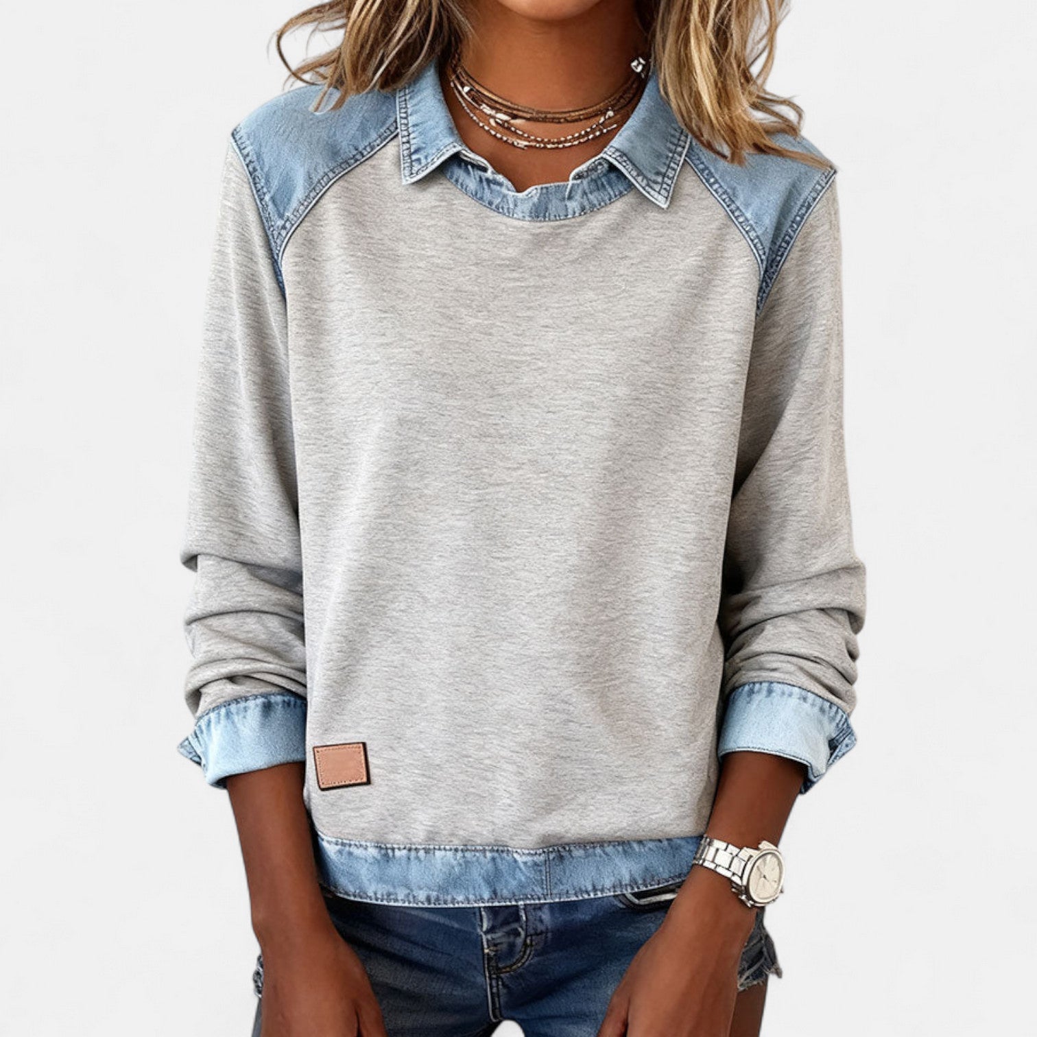 Beige denim-collar long-sleeve knit sweater with contrast denim collar and cuffs
