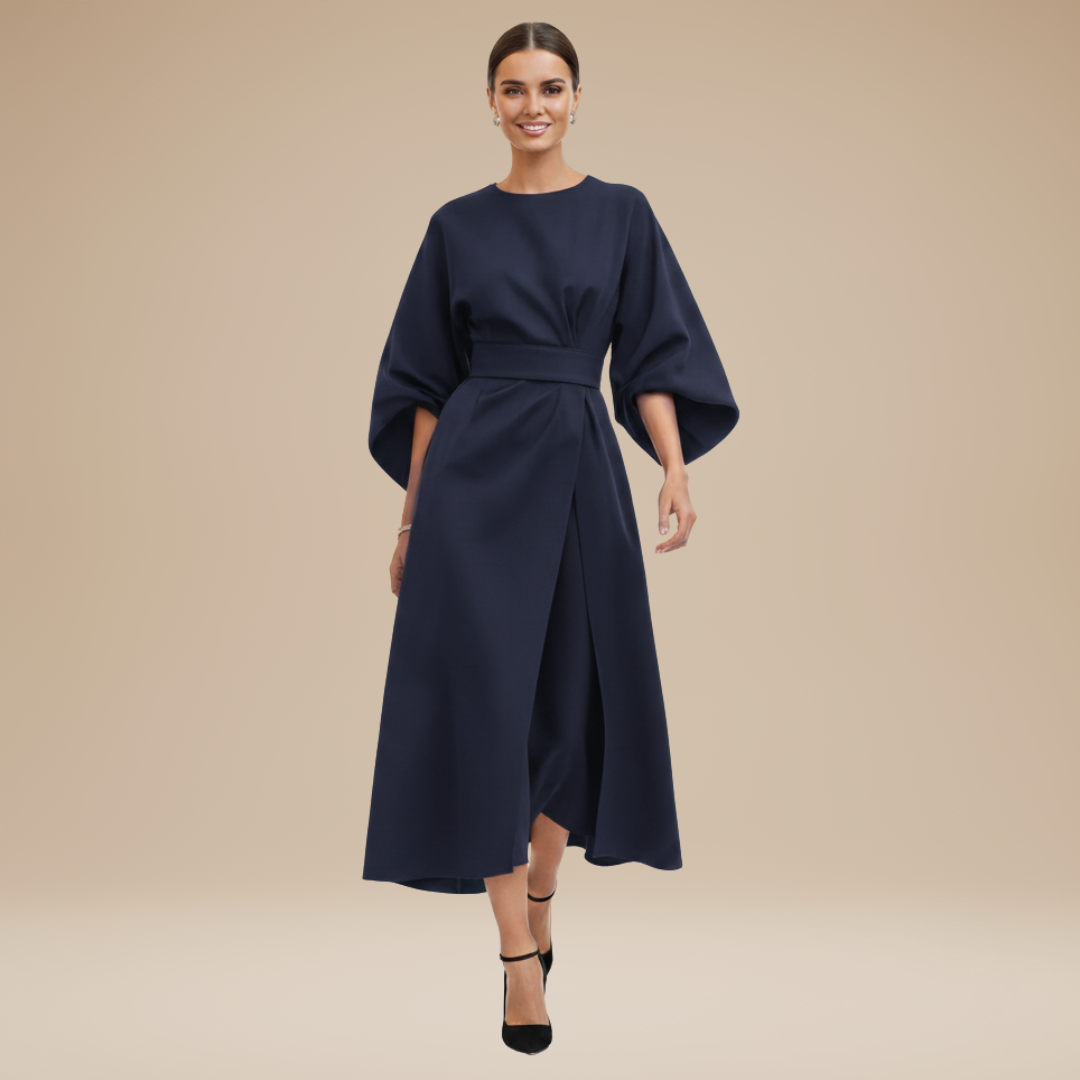 Belted Midi Dress with Wide Sleeves and Draped Waist