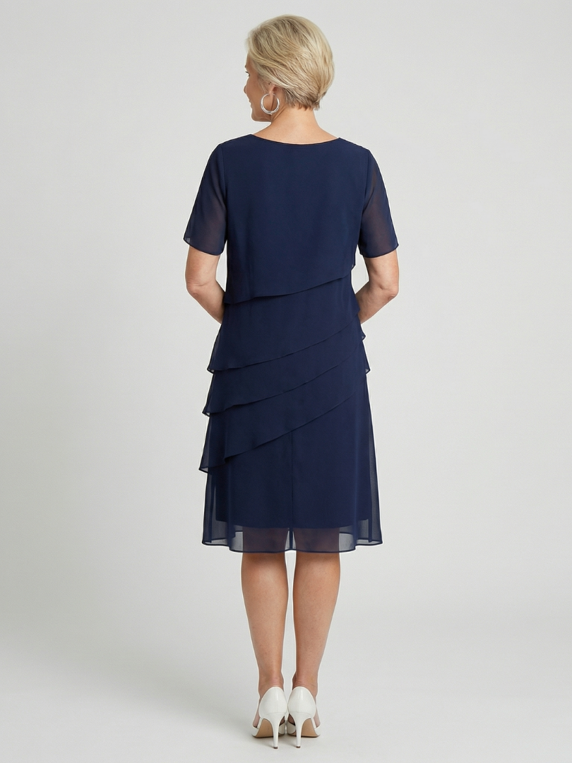 Classic Tiered Chiffon Midi Dress with Short Sleeves