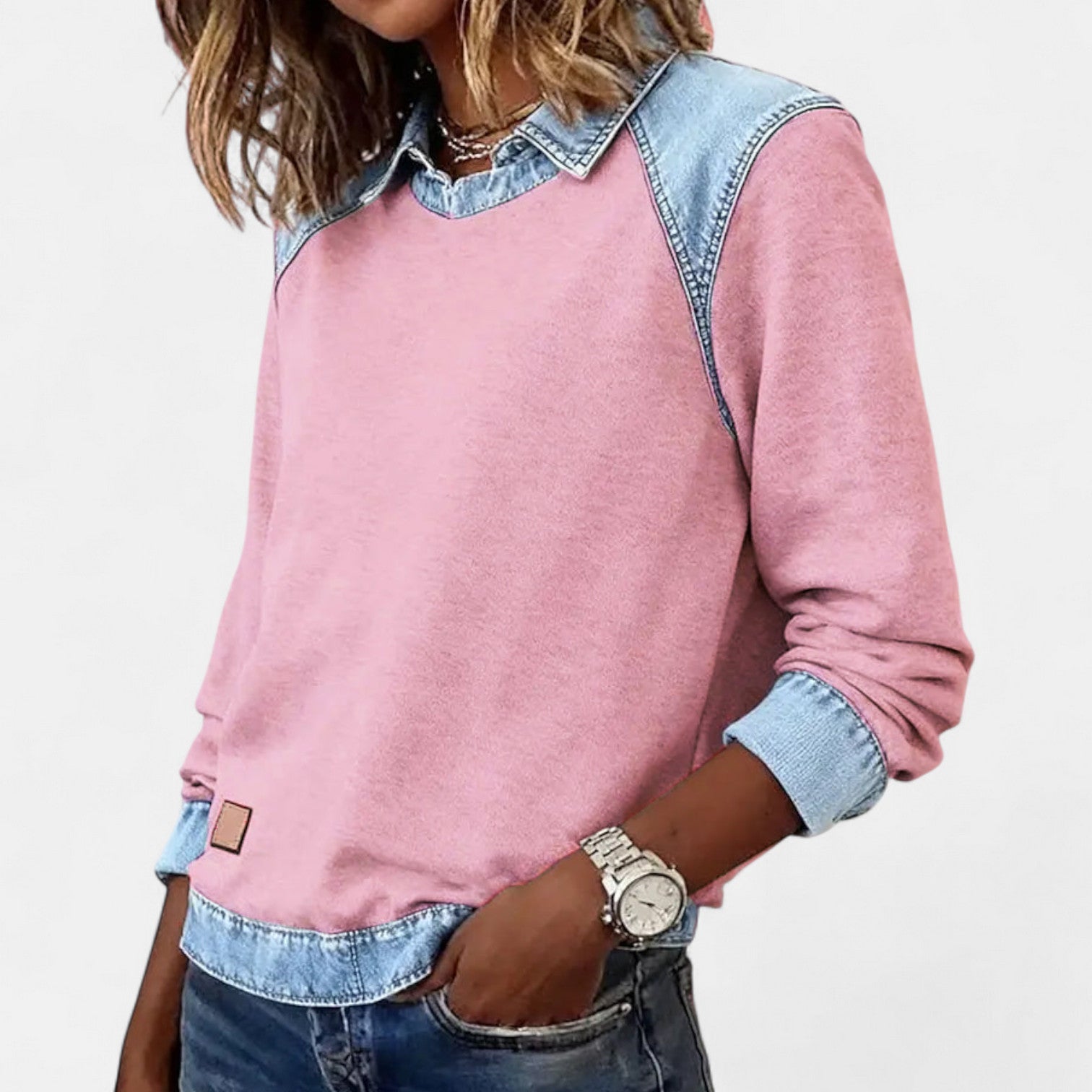 Beige denim-collar long-sleeve knit sweater with contrast denim collar and cuffs