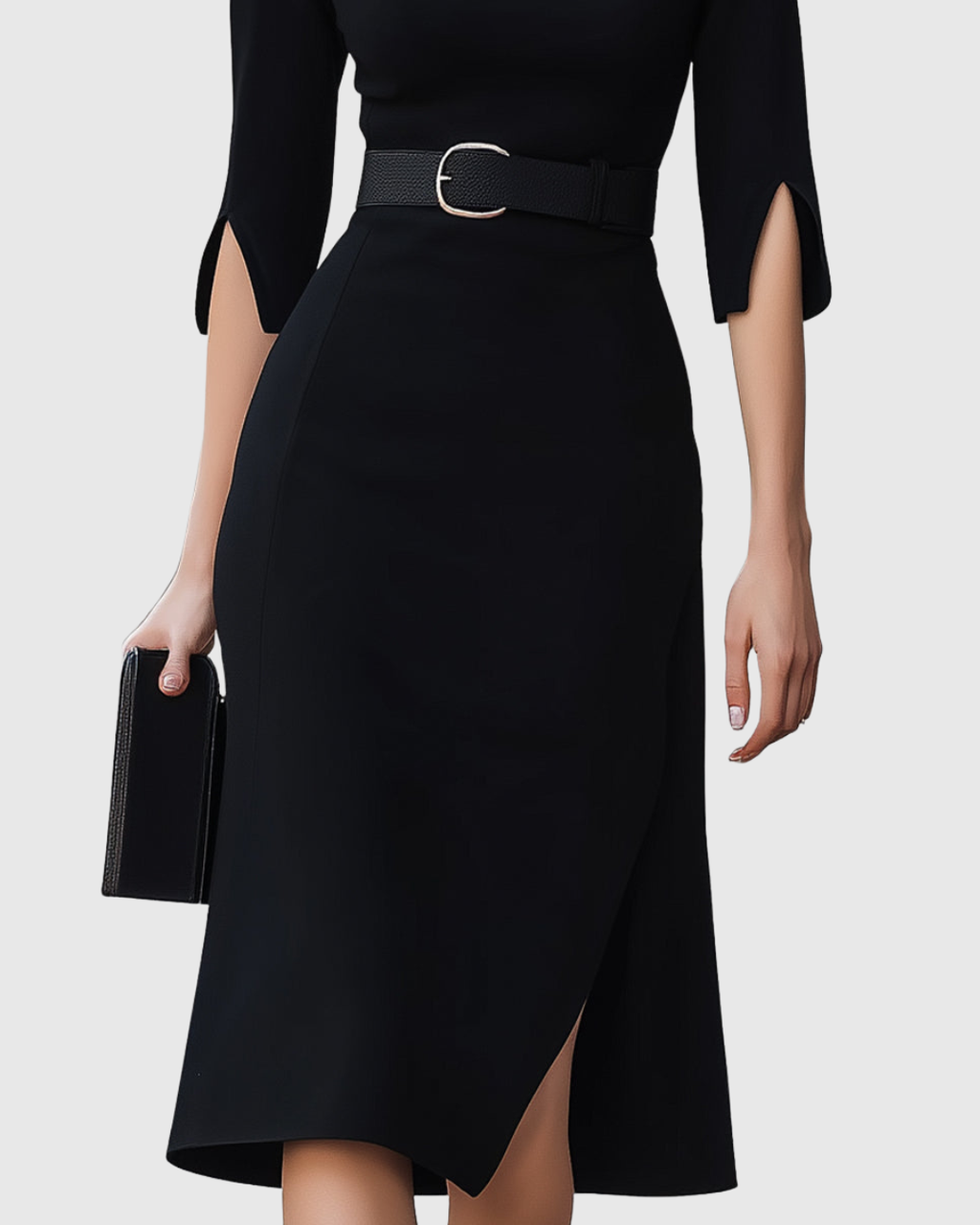 Belted High-Neck Black Midi Dress