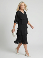 Elegant Tiered Chiffon Midi Dress with Three Quarter Sleeves