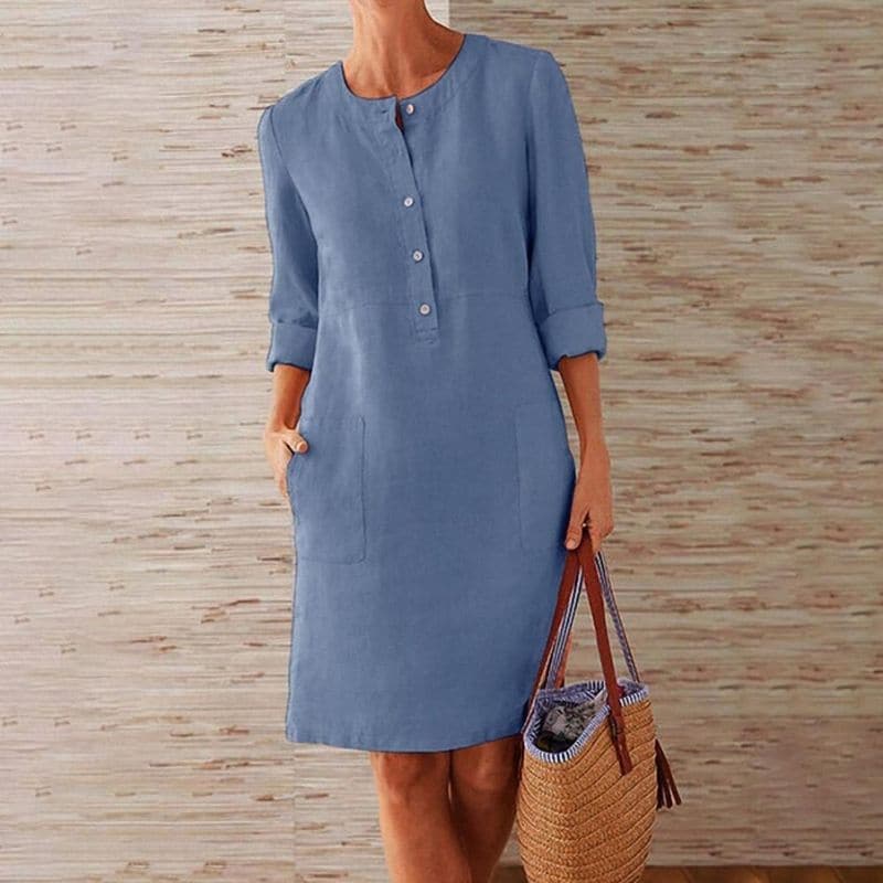Zia | Women's Chic Button-Front Shift Dress with Side Pockets