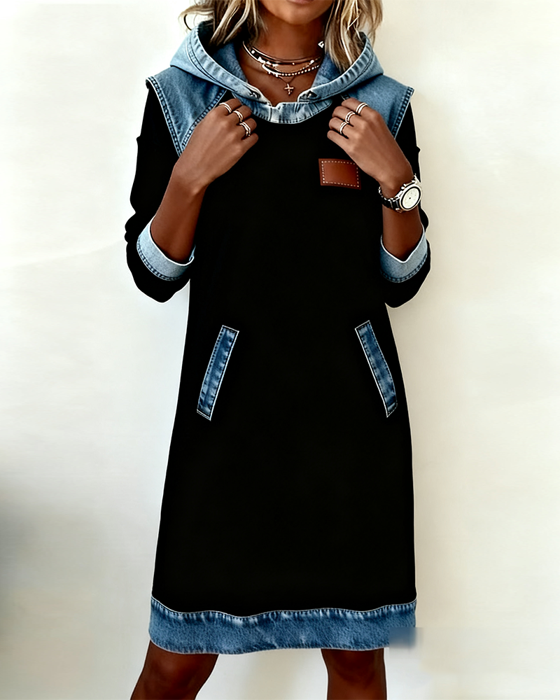 Black Hooded Panelled Colour Block Dress