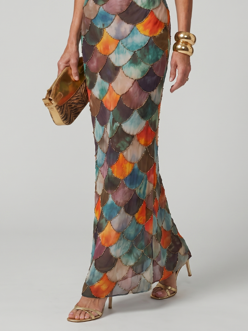 Larkin - Fitted Multicolor Scale Pattern Maxi Dress