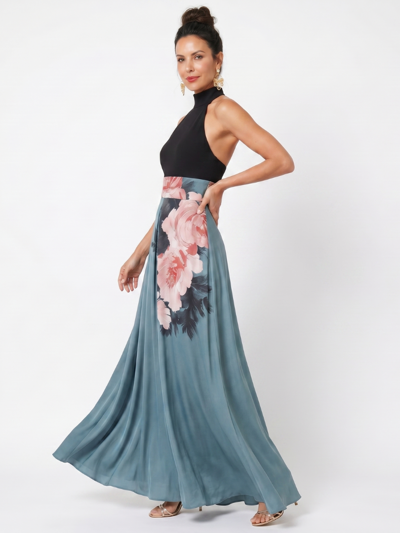 Olympas - Halter Bodice Floral Skirt Maxi Dress