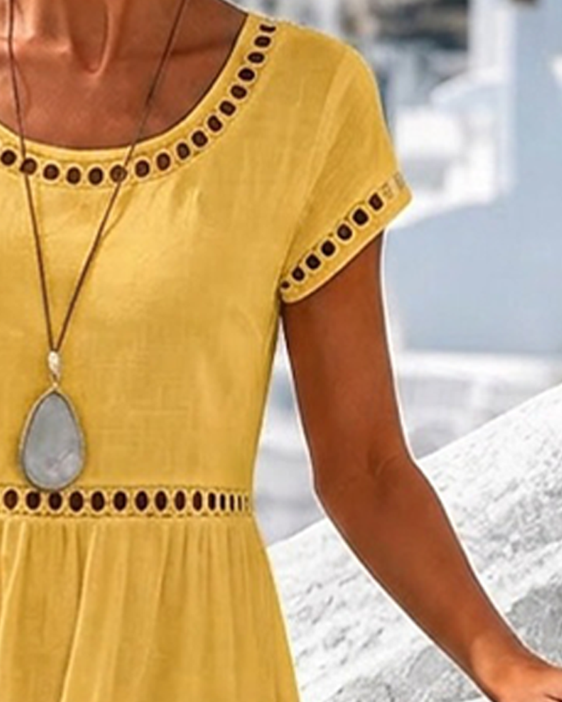 Yellow A-line midi dress, full length view