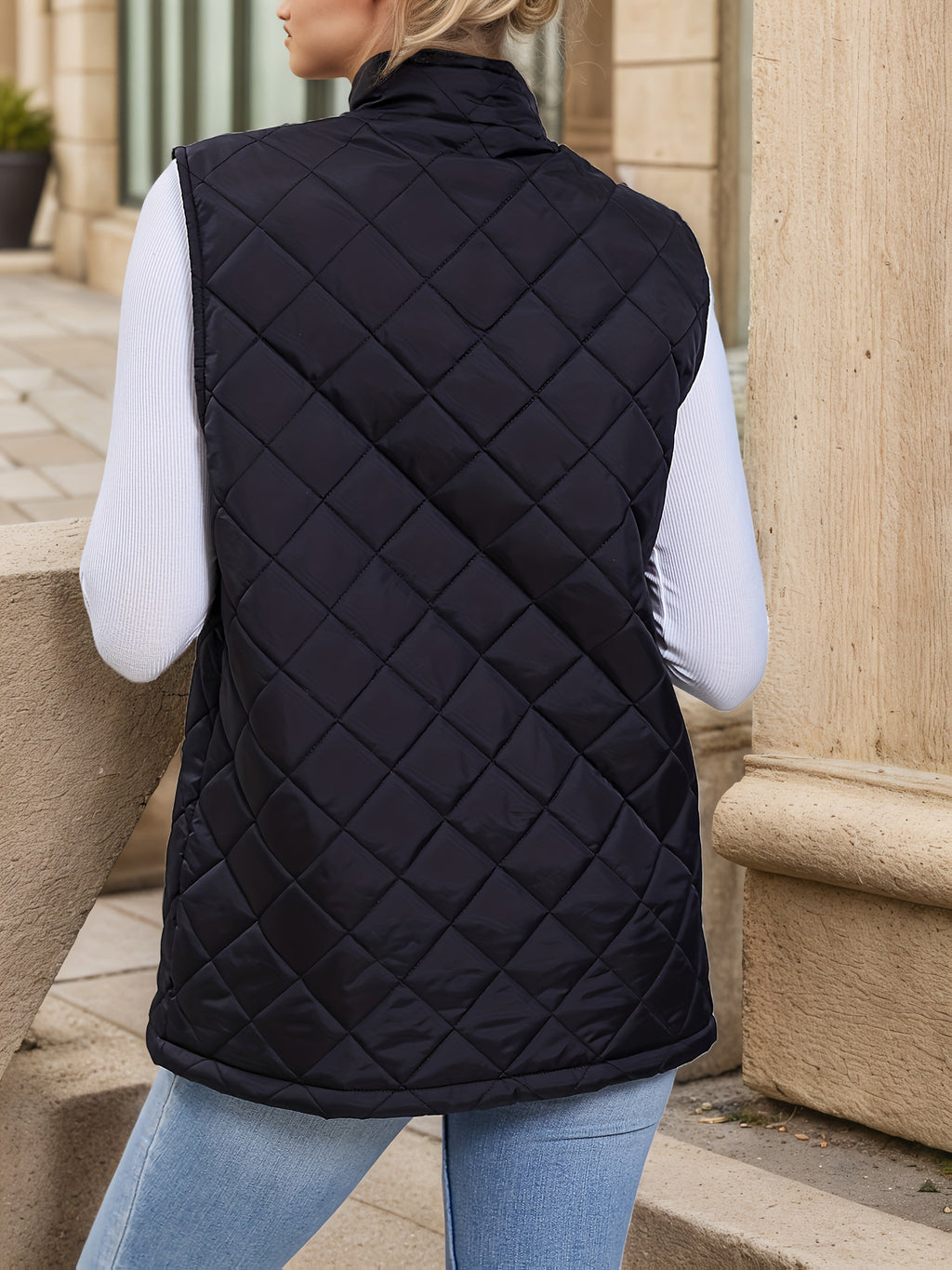 Black diamond-quilted longline vest