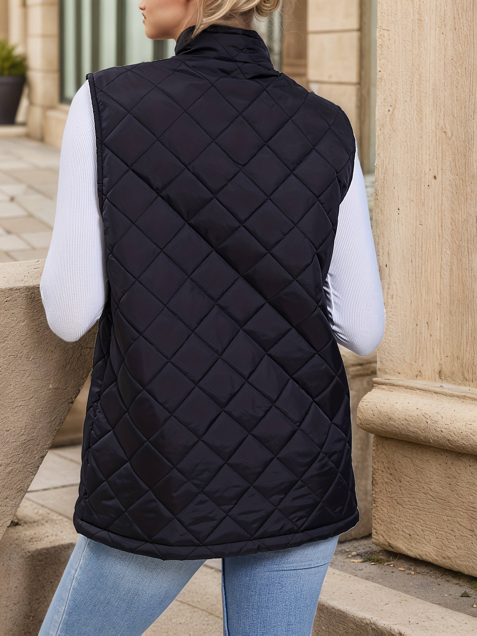 Black diamond-quilted longline vest