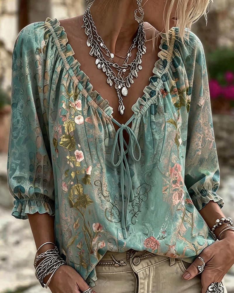 Green floral print V-neck ruffle drawstring blouse, front view