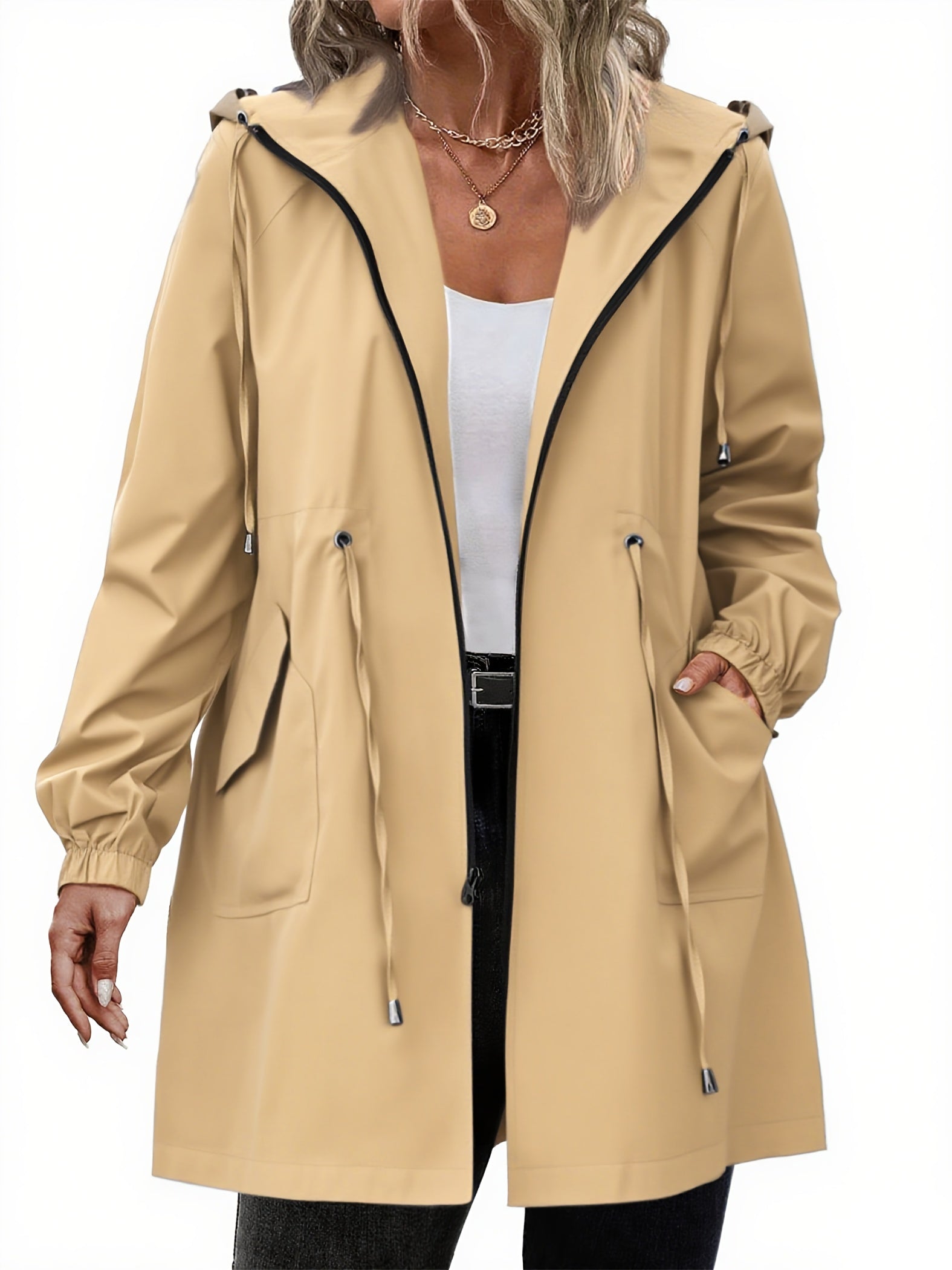 White Hooded Full-Zip Drawstring Coat, detail view