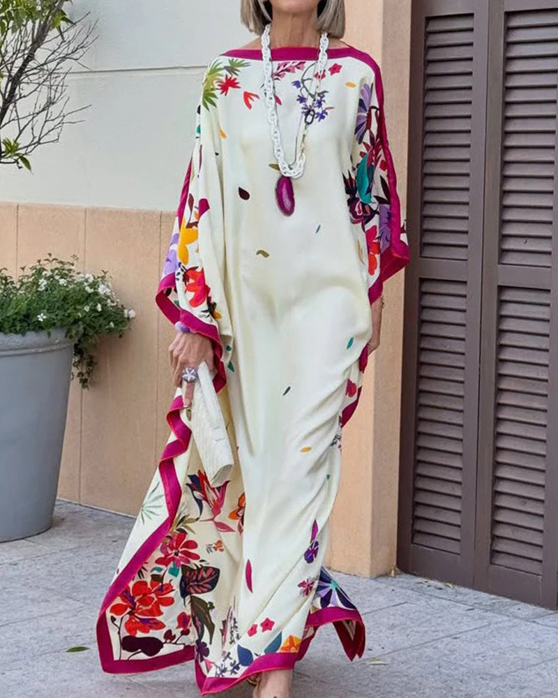 Fuchsia off-shoulder contrast floral print loose maxi dress, front view