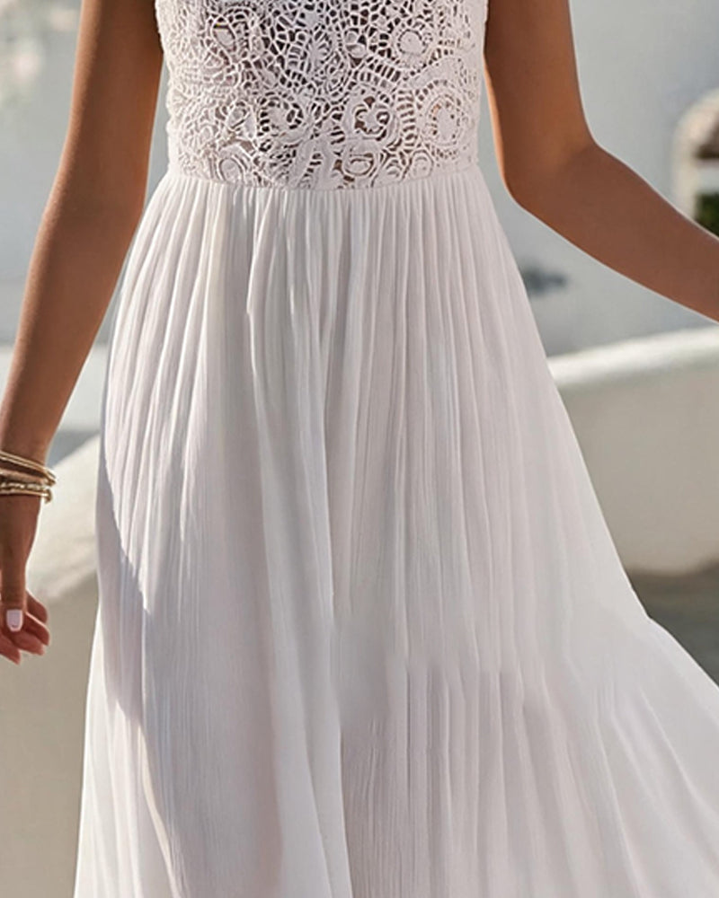 White spaghetti strap midi dress close-up lace detail
