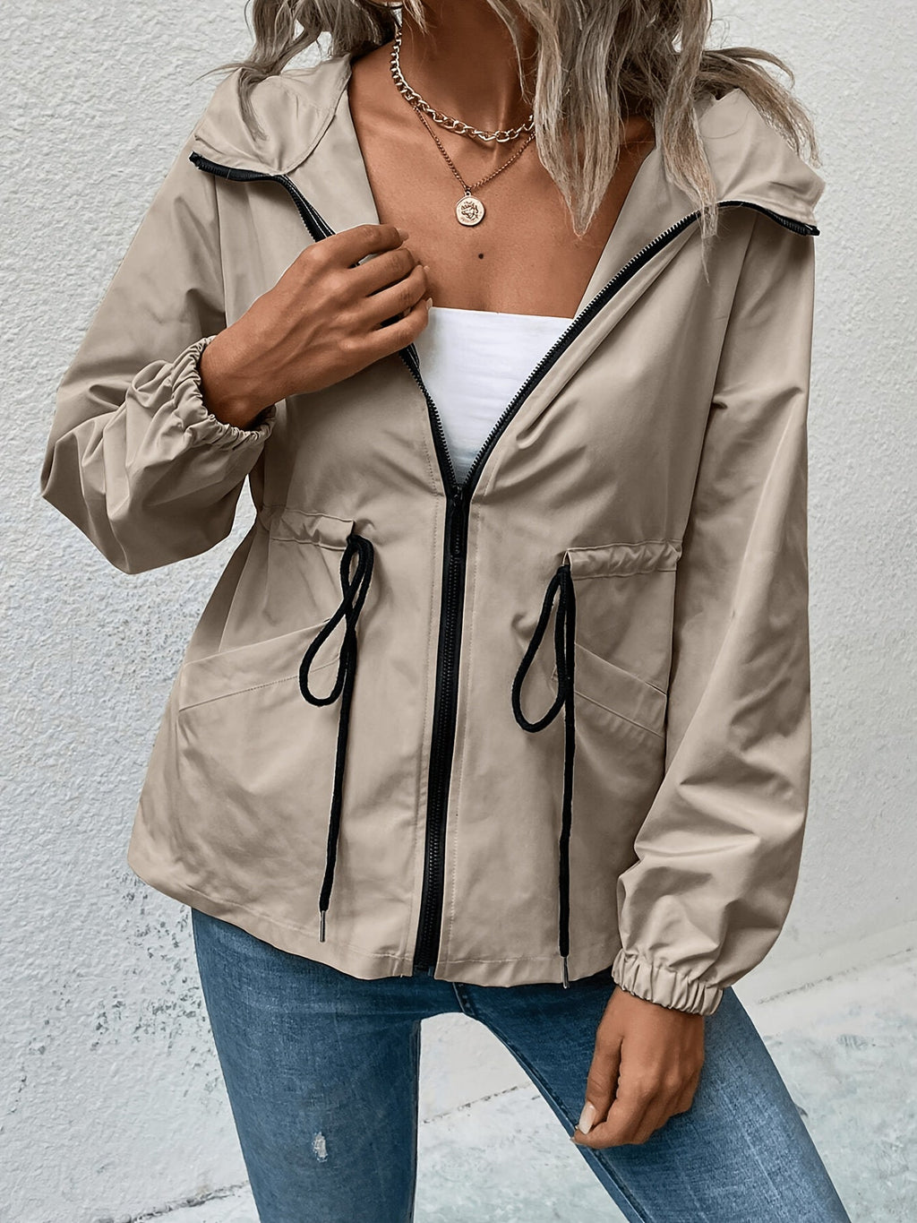 Khaki Hooded Coat, front view