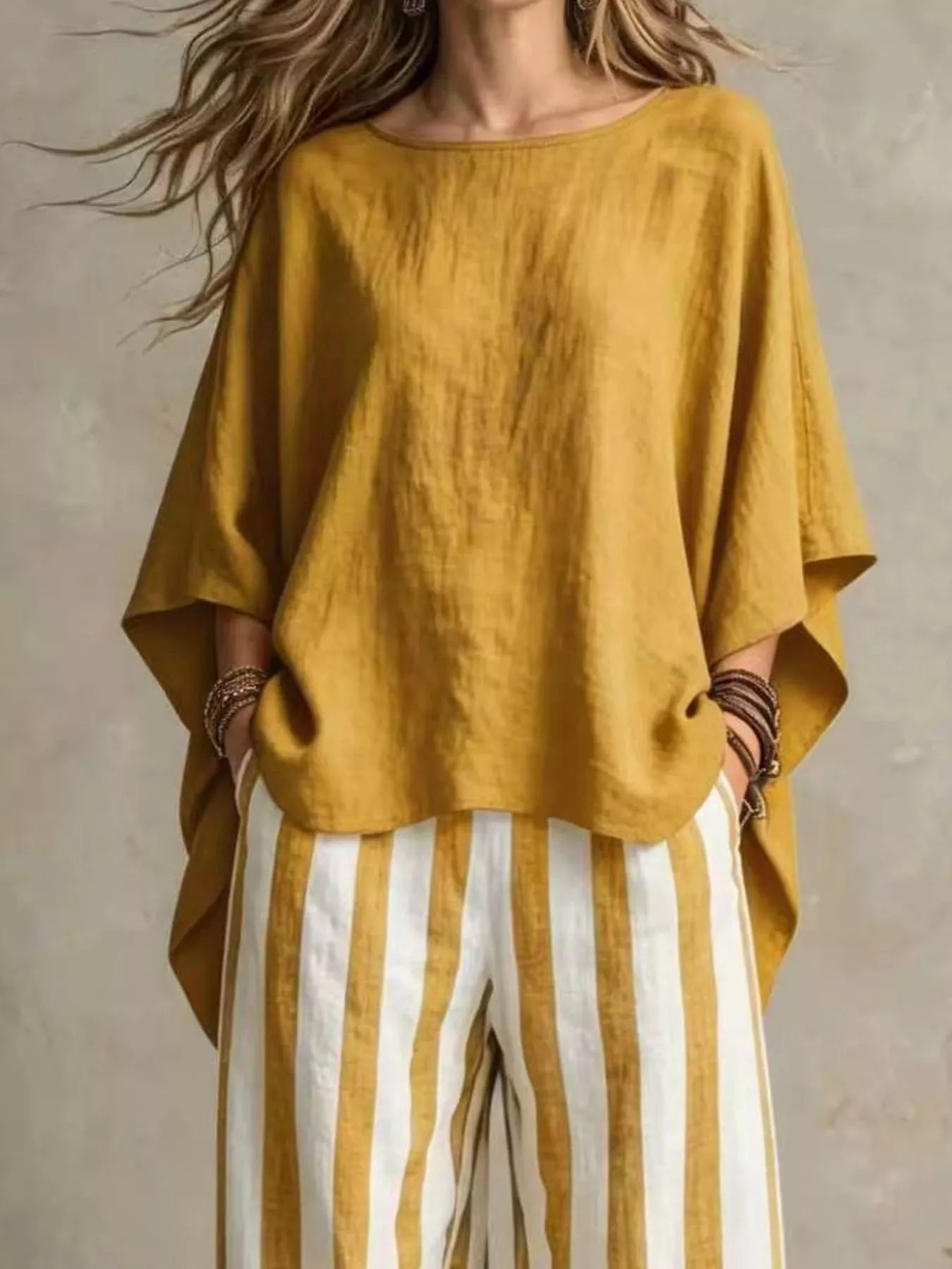 Earthy Yellow solid color top and trousers co-ord set