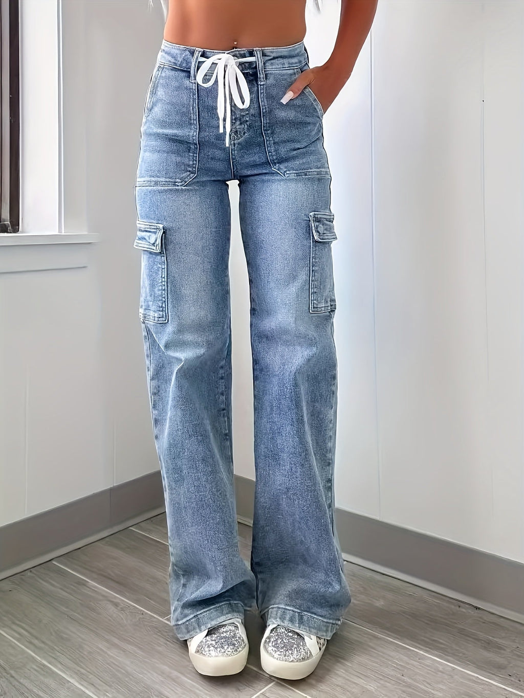 High-Waist Drawstring Cargo Jeans