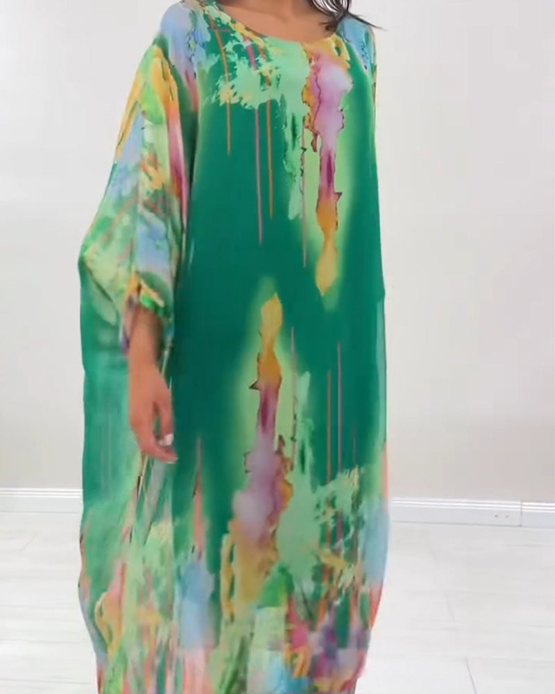 Abstract Print Midi Dress Batwing Sleeves | Senselle