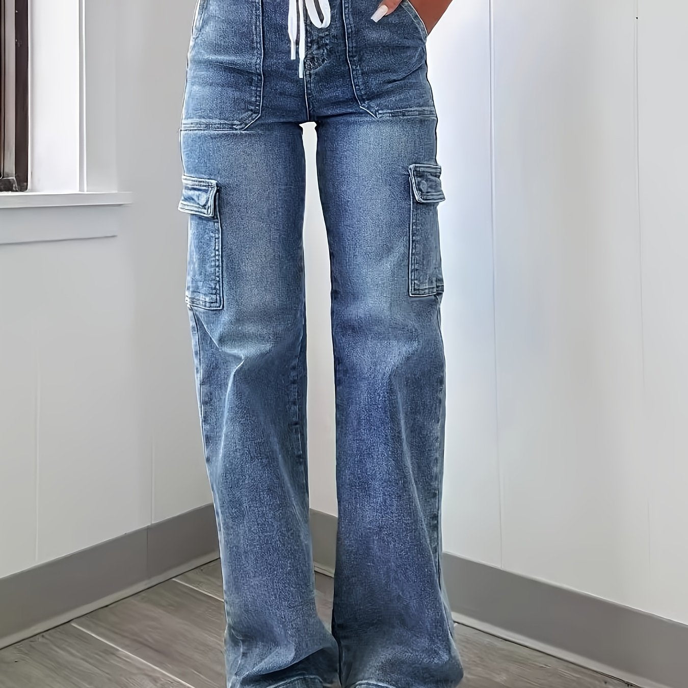 High-Waist Drawstring Cargo Jeans