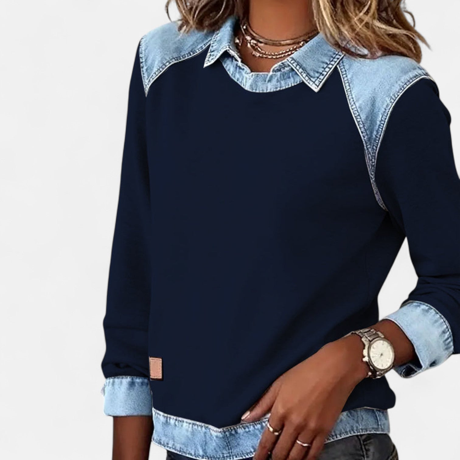 Navy Blue denim-collar long-sleeve knit sweater with contrast denim collar and cuffs