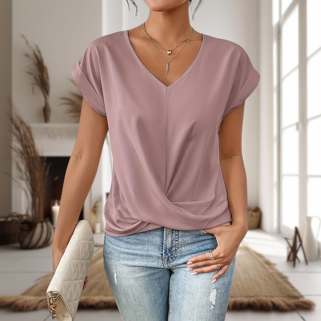 Burgundy red twist hem summer blouse for women, full length view