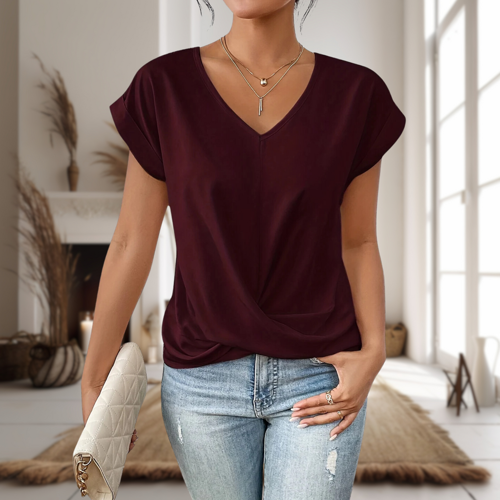 Elegant V neck twist hem blouse in burgundy red, front view