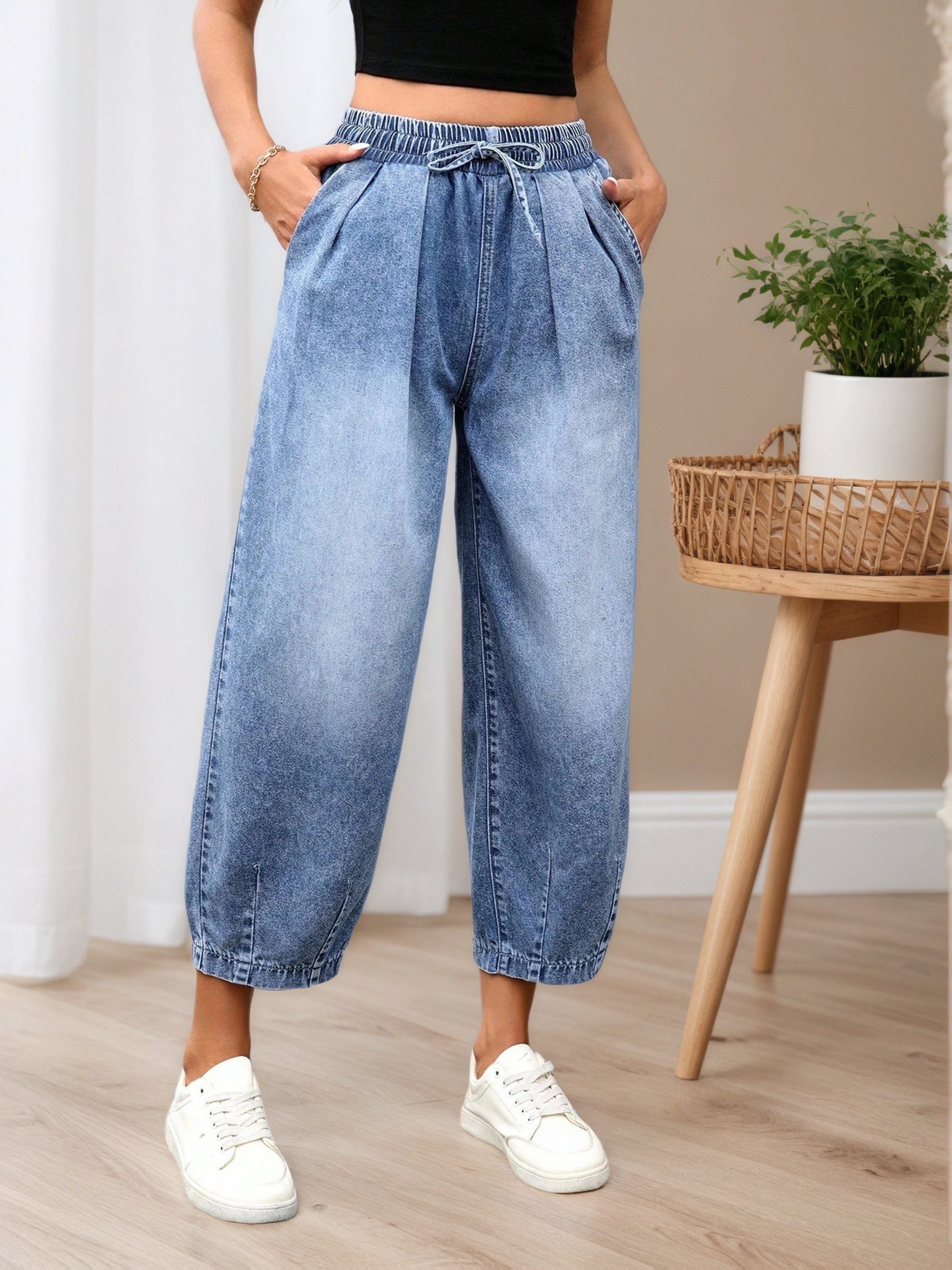 Light Blue Relaxed Barrel Jeans, front view